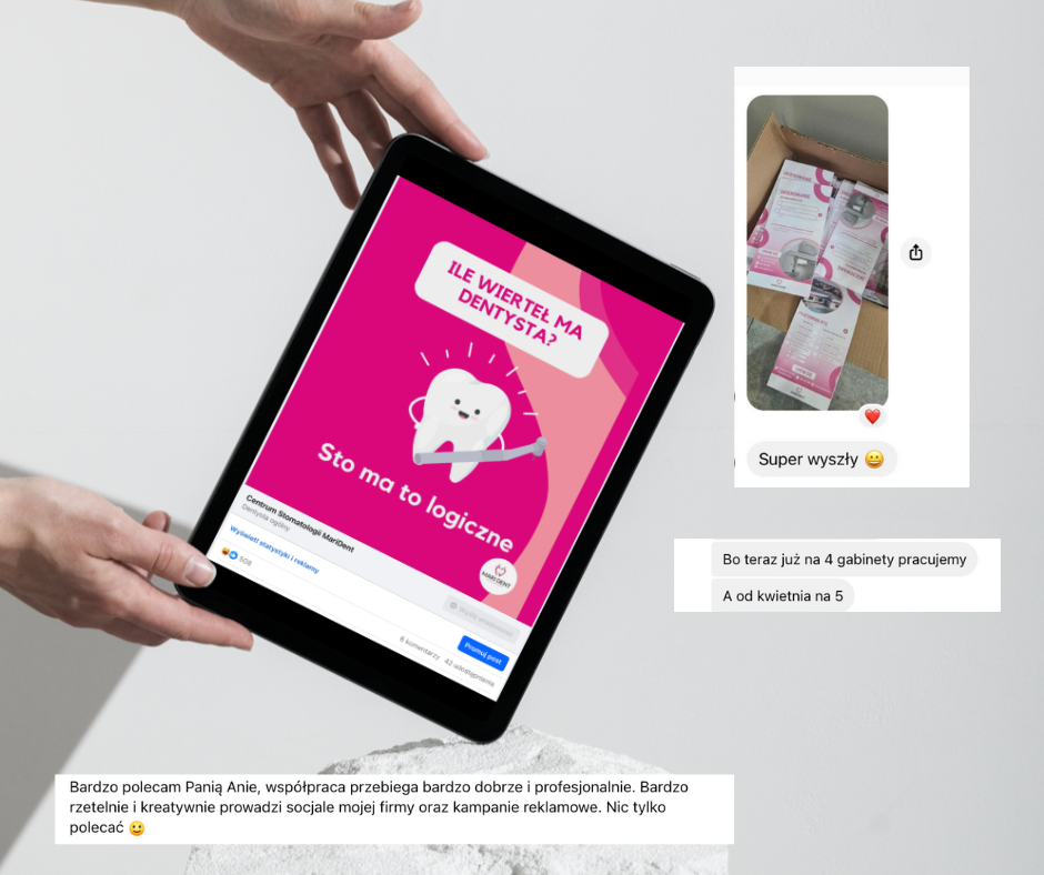 Graphic showing a graph of MariDent's patient growth and social media reach after working with our agency. The graph shows dynamic growth in both areas, which demonstrates the success of our marketing strategy.